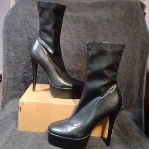 AZALEA WONG (CECILIA) STILETTO BOOTS BLACK STRETCH ZIPPER,  Women's Size-7.5